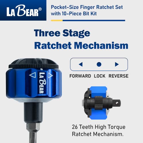 Image of LABEAR Mini Magnetic Finger Ratchet Wrench Set, 1 /4 Inch Drive S2 Bits | Lightweight aluminum body, 26-tooth forward lock reverse, 10-piece bit set included, quick bit pickup, pocket carry