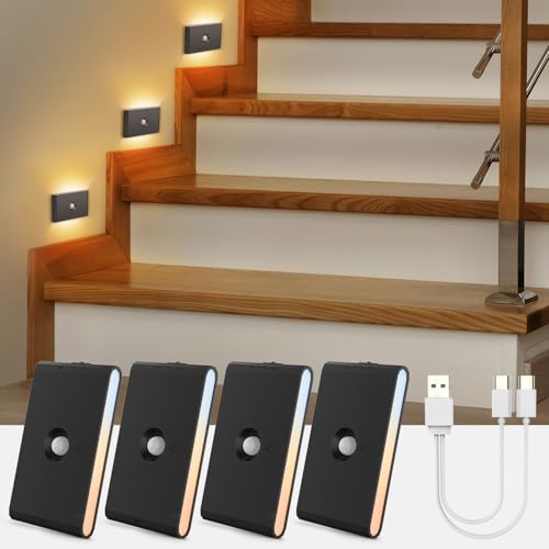 Luz Nocturna con Sensor de Movimiento/Crepuscular a Pilas, Lampara LED Recargable 3 Modos AUTO ON/OFF, Luz Noche Regulable Blanco Cálido/Natural/Frío para Escalera, Pasillo, Cocina, Sótano, 4 Piezas