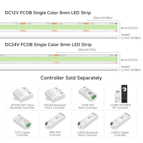 Image of BTF-LIGHTING FCOB IP65 Waterproof Ice Blue Color COB LED Strip 16.4FT DC24V 480LED /m 8mm Width Flexible High Density CRI 90+ Dimmable LED Light for Home Indoor Decor(No Controller or Adapter)