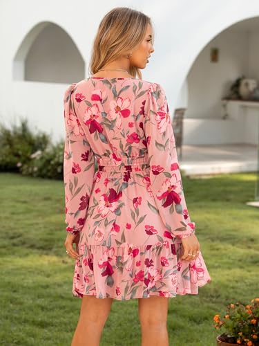 Image of Simplee Womens Spring Floral Mini Dress Long Sleeve Boho Chiffon Short Dress Casual Flowy Fall Wedding Guest Dresses