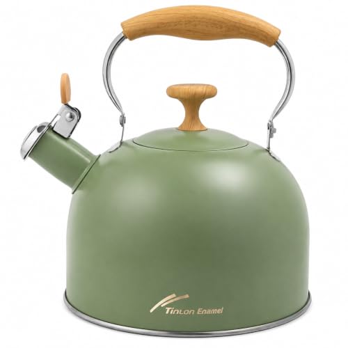 Tinlon Enamel Whistling Tea Kettle 2.5 Qt Stovetop Teapot Olive Green