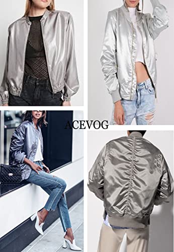 Acevog Women Fall Solid Biker Jacket Zip Up Bomber Jacket Coat, Silver, Xx-Large #TOP1