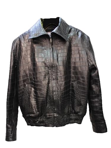 Mens Vintage Look Zip-Up Style Black Alligator Crocodile Print Embossed Motorcycle Leather Casual Jacket Motorcycle