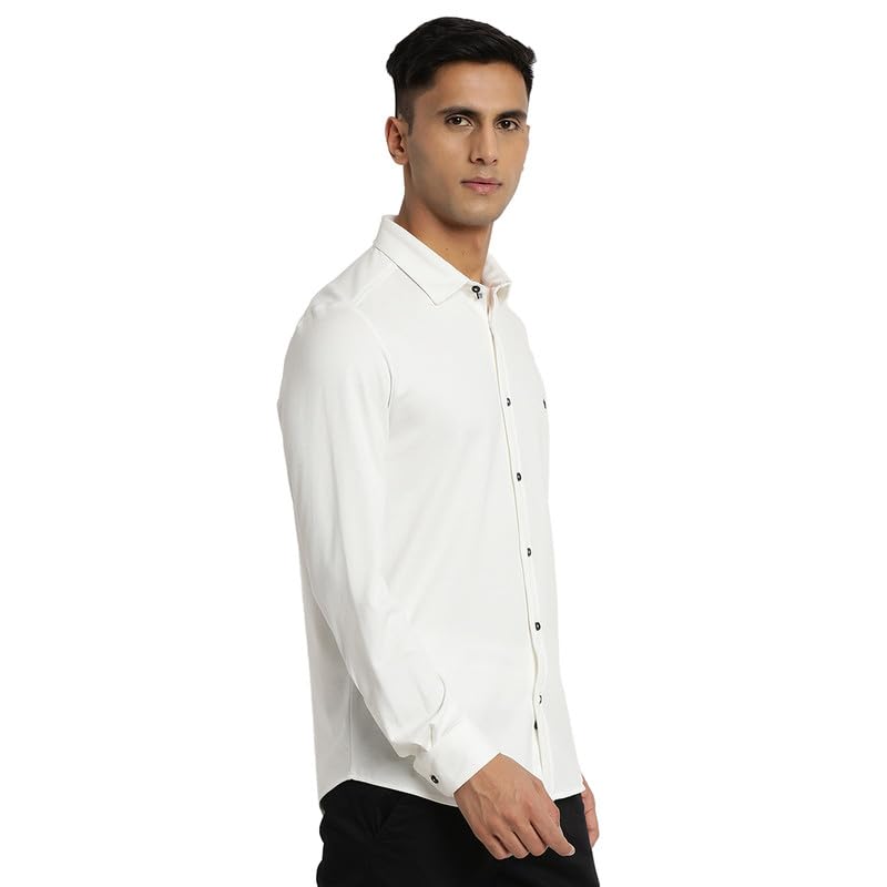 Image of Turtle Men White Knitted Printed Slim Fit Casual Shirts