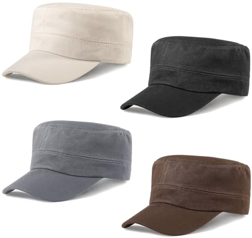Glamorstar Unisex Cadet Army Hats 4 Pieces Military Flat Top Newsboy Cap Black+Grey+Brown+Beige