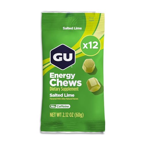 Image of GU Energy Chews, Salted Lime Energy Gummies with Electrolytes, Vegan, Gluten-Free, Kosher, Caffeine-Free, and Dairy-Free On-the-Go Energy for Any Workout, 12 Bags (24 Servings Total)