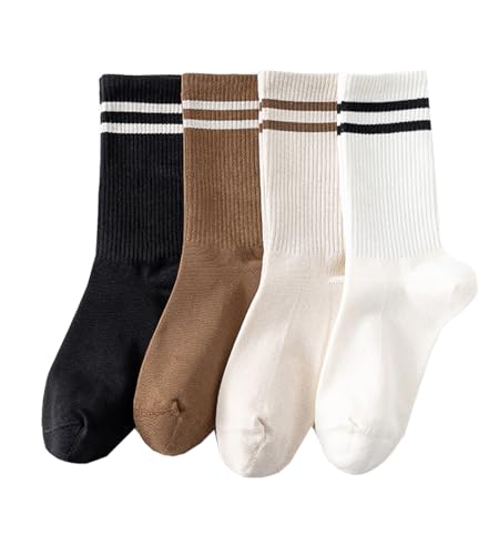 Image of Deeorla Womens Striped Crew Socks Brown Vintage Retro Athletic Socks 5 Pairs