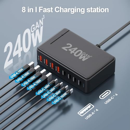 Image of TECHBLAZE 240 W GaN 3 Super Fast Charger Adapter, 8-Port (4 USB A+ 4 Type- C) with PD Technology, Universal for iPhone, Android, MacBook, Type-C Laptops, Compact Multi-Device Charging Solution.