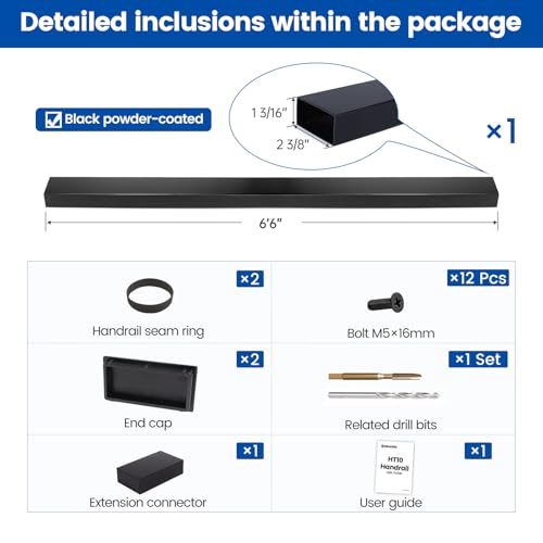 Muzata 6'6" Black Cable Railing Handrail Rectangular Stainless Steel Handrail for Cable Railing System Top Rail Deck Stair Indoor Outdoor Length Adjustable with Paper User Guide HT10 BP4