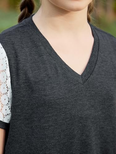 Image of GORLYA Girls Lace Sheer Sleeve Contrast T-Shirt Short Sleeve V Neck Casual Modest Tee Tops for 6-16Y