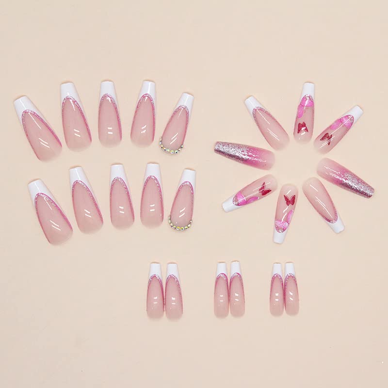 Miniatura 6 de 24 uñas postizas largas a presión de mariposa rosa, uñas postizas blancas francesas con diseños de diamantes de imitación brillantes, uñas acrílicas
