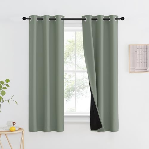 Image of NICETOWN 100% Blackout Window Curtain Panels, Heat and Full Light Blocking Drapes with Black Liner for Nursery, 60 inch Drop Thermal Insulated Draperies (Greyish Green, 2 Pieces, 37 inch Wide Each Panel)