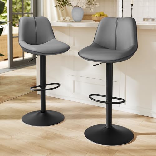 VASAGLE Bar Stools Set of 2, Height Adjustable Swivel Kitchen Stools, Quilt, Synthetic Leather Bar Chairs with Back and Footrest, Dining Room, Counter, Steel