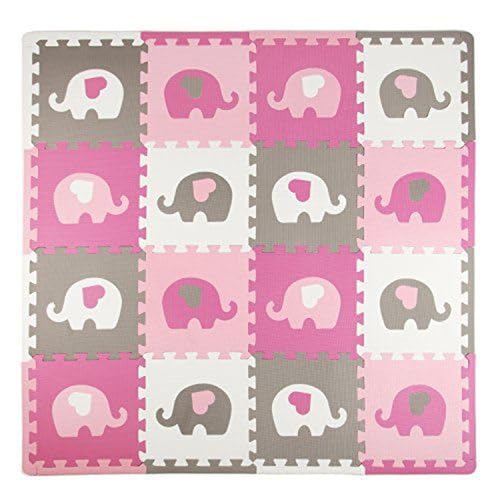 Tadpoles Elephants with HearsFoam Playmats for Kids, 16 Interlocking Foam Tiles, Waterproof, Durable, and Long-Lasting | Total Floor Coverage 50” x 50” | for Ages 3 and Up | Pink, Grey, and White