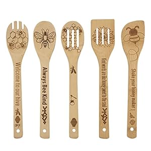 YUJU 5PCS Bee Wooden Cooking Spoons Set,Bee Kitchen Gift, Wooden Spoon Set,Bee themed Party Favor,Gifts for Beekeepers,Bamboo Cooking Utensil Spoons Housewarming Wedding Mom Gift Idea Decor