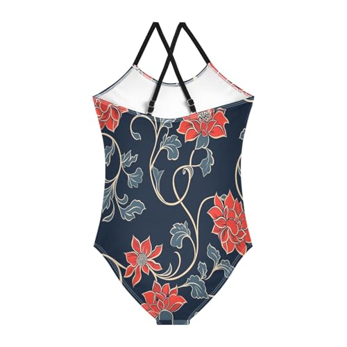 Toddler Swimsuit Girl Swimwear Swim Suit for Girls 7-8T Red Traditional Floral Design2