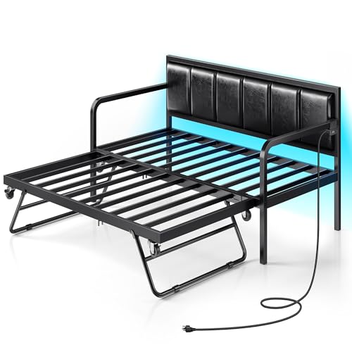 Image of Rolanstar Daybed with USB Charging Station and LED, Height Adjustable Twin Daybed with Trundle, Black Upholstered Bed Frame with Steel Slat Support for Living Room, Bedroom and Guest Room