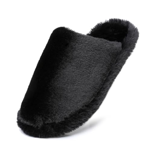 Image of Crazy Lady Women's Fuzzy House Memory Foam Slippers Fluffy Furry Fur Slippers Scuff Outdoor Indoor Warm Cozy Plush Bedroom Shoes Soft Flat Comfy Anti-Slip(Black36)