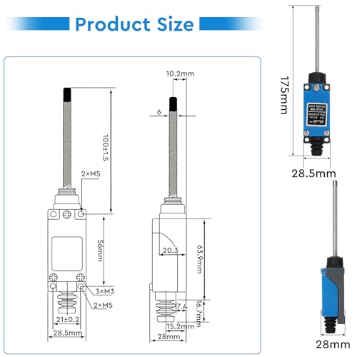 SWAWIS 4Pcs ME-9101 Momentan Endschalter, Flexible Schraubenfederstab Endschalter, 5A 250V AC NC-NO Reiseschalter für CNC Fräse Laser Plasma Router