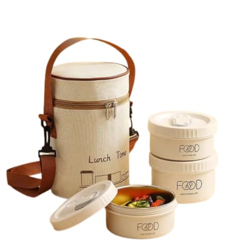 Generic Bento Box Stackable Stainless Steel Thermal Compartment Lunch/Snack Box, 3-Tier Insulated Bento/Food Container with Lunch Bag, Beige, Fruit Pattern