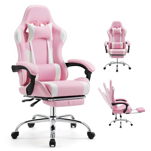 DUMOS Ergonomic Gaming Office Desk Chair with Footrest and Headrest for Adults, PU Leather Video Computer Chair with Linkage Armrests, Height Adjustable 360° Swivel Recling Chair, White Pink