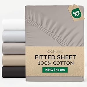 King Fitted Sheet 150x200 cm - 100% Cotton Sateen 400 Thread Count - Deep Fitted Sheet for Mattresses up to 30 cm (12")- Soft, Breathable & Wrinkle Free - Hotel Quality - OEKO-TEX - Light Grey