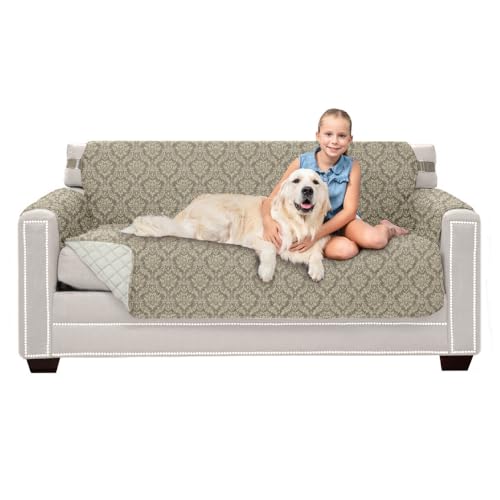 Sofa Shield® Small Sofa Slip Cover with Strap, Damask Latte Ivory