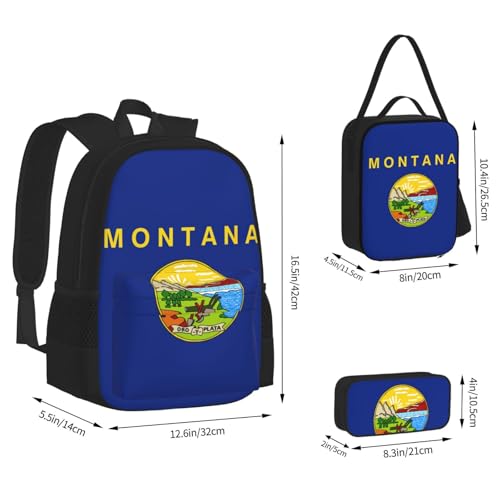 Montana State Flag Print 3 Piece Backpack Set, Laptop Daypack, Lightweight Bookbag Set With Lunch Bag Pencil Case3