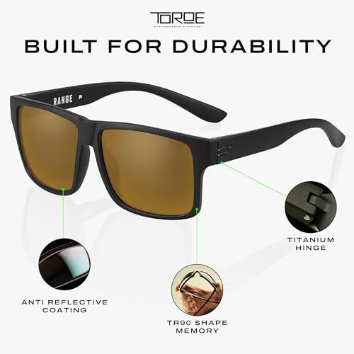 Image of TOROE TR90 Square Frame Grade A Polarized Black Emblem Sunglasses with Anti Reflective Water Repellent Polycarbonate Lenses (Matte Black Frame, Bronze Mirror (CAT3))