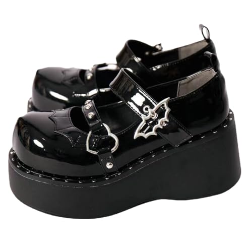 Parisuit Womens Lolita Platform Goth Shoes Mary Jane Wedge Heels Pumps Ankle Strap Round Toe Punk Cosplay Shoes