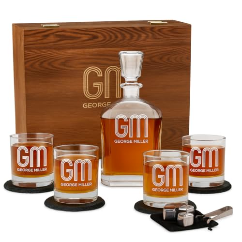 Personalized Whiskey Decanter Set for Men - 9 Design Options - Engraved Liquor Decanter Sets with Scotch Glasses - Gift Set for Him, Dad - Premium Set Includes Whiskey Stones - by Froolu Monogram