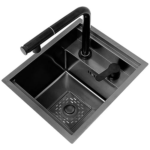 Évier de cuisine noir en acier inoxydable 40x44x22,5cm avec robinet relevable
