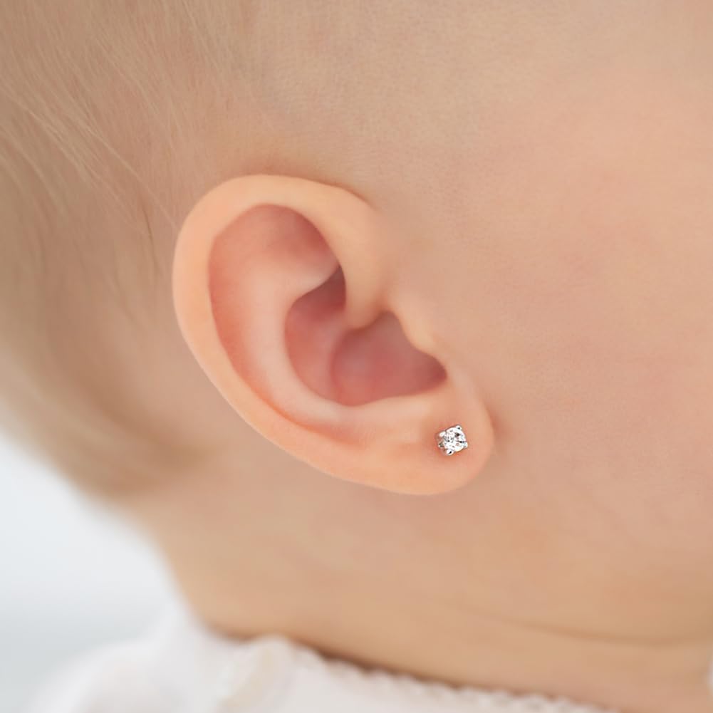 14k White Gold Girl's Clear Cubic Zirconia Prong Set Solitaire Screw Back Earring Studs - Small Elegant Round Screw Back Earring Set for Infants and Toddlers