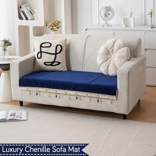 Image of HOKIPO 'Serenity Tassel' Chenille 2 Seater Sofa Cover with Tassel - Sapphire Navy (IN-891-NBL)