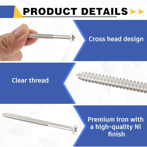 Image of 100 Pack Satin Nickel Wood Screws #9 Extra Long Heavy-Duty Hinge Screws for Doors, Cabinets, Furniture & DIY Projects (3 Inch,Sliver)