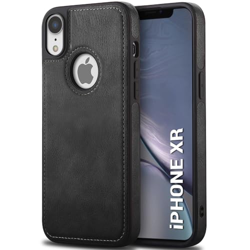 Image of TheGiftKart Genuine Leather Finish Back Cover Case for iPhone XR | Shockproof Design | Raised Edges for Camera & Screen Protection | Stunning Minimalist Design Back Case Cover (Black Sides, Black)