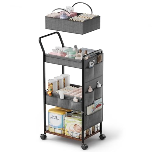 Image of BBLIKE 3-Tier Diaper Caddy Organizer - Rolling Utility Baby Cart with Basket and Side Pockets for Nursery and Baby Essentials, Multi-Function Cart for Bedroom and Bathroom,Gray