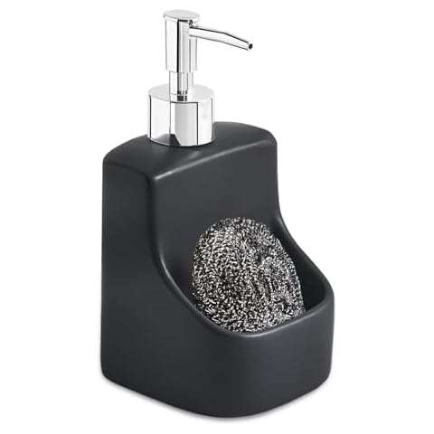 10oz Ceramic Dish Soap Dispenser with Sponge Holder for Kitchen Sink, Hand Soap Pump Bottle and Storage 2-in-1 for Bathroom Countertop (Black) Cover