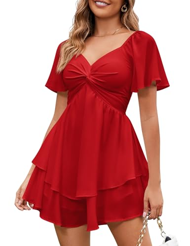 Image of Florboom Women's Sweetheart Knot Front Dress Smocked Back Short Sleeve Layered Boho Chiffon Mini Dresses