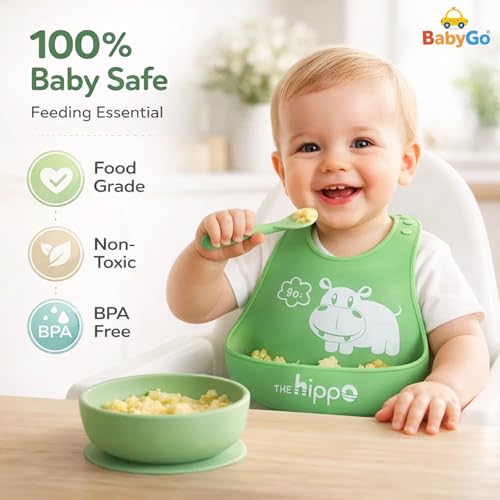Image of BabyGo Silicone Baby Bib for Feeding & Weaning Infants & Toddlers |Waterproof, Washable & Reusable | Adjustable Neckline, Lightweight & Foldable Bib with Deep Food Catcher Pocket |Green (Pack of 1)