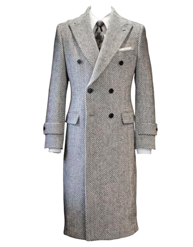 Mens Herringbone Tweed Trench Long Jacket Wool Outwear Windbreaker Coat for Winter