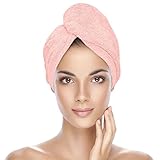 KEEPOZ Zero Twist 100% Cotton Hair Towel Wrap, Terrycloth Hair Turban Rapid Drying Towel for Hair with Button, Anti Frizz Hair Towel with Elastic Strap, Cap for Long & Thick Hair (Pink)