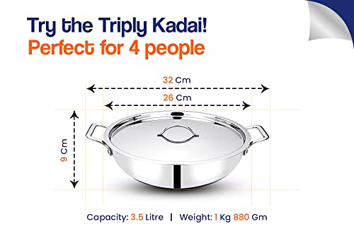 Image of Bhalaria Triply Stainless Steel Kadhai with Lid & Handle 26cm 3.5 Litre |Induction Base Heavy Gauge 3 Layer Body | Deep Fry Pan Wok for Sabzi & Curry|Food Grade Steel |Gas Compatible | Dishwasher Safe