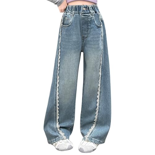 Girls Wide Leg Jeans Baggy Pants with Lace Trim Kids Elastic High Waist Denim Pants with Pockets for Everyday Wear
