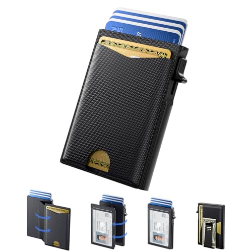 typecase Slim Wallet for Men Minimalist RFID Blocking Wallet with Money Clip & ID Window Genuine Leather Pop Up Card Holder Front Pocket Wallet Men Gifts Holds 8 Cards (Black)