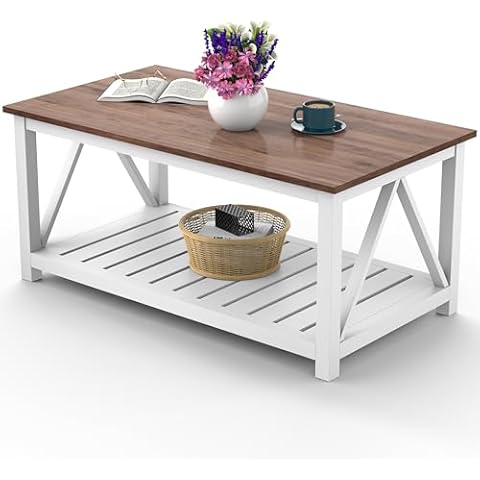 Our Modern Space 40" Farmhouse Coffee Table | Vintage Rustic Wooden Coffee Table with Lower Shelf for Living Room, Dorm, Office, Bedroom Center Table - Brown Cover