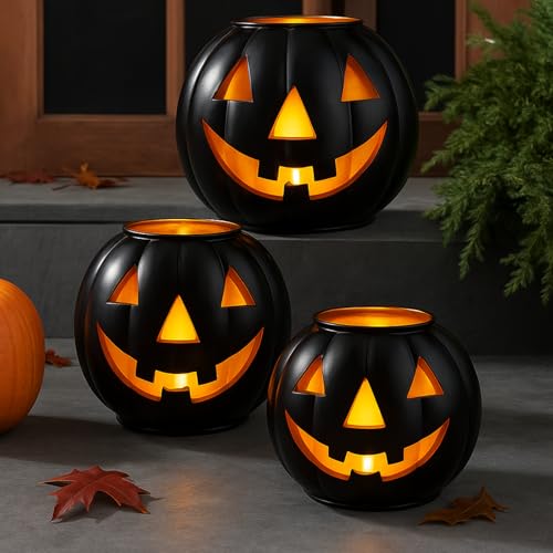 Tujoe 3 Sets Halloween Metal Jack O Lanterns Pumpkin with 3 LED Candles with Black Creepy Cloth Decoration Bundle Rustic Indoor and Outdoor Decor