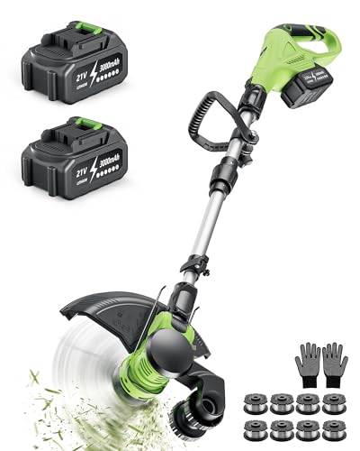 DEGGE Cordless Electric Weed Wacker, 2X 3.0Ah/ 21V/ 12' Battery Powered Weed Eater, 2 in 1 String Trimmer & Lawn Edger with Auto Feed, 650W Motor, 8 Spools for Yard Garden Sideway (Charger Included)