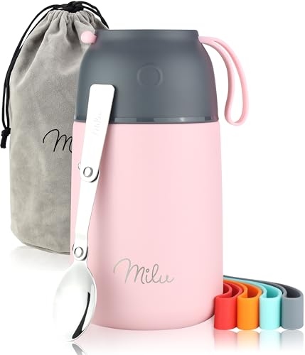 Milu Termo para Comida 300ml, 440ml, 450ml, 650ml, 800ml Taza Aislada, Botella de Acero Inoxidable Aislada para Alimentos, Beber y sopa de los niños de adultos A prueba de fugas Térmico (650ml/Rosa)