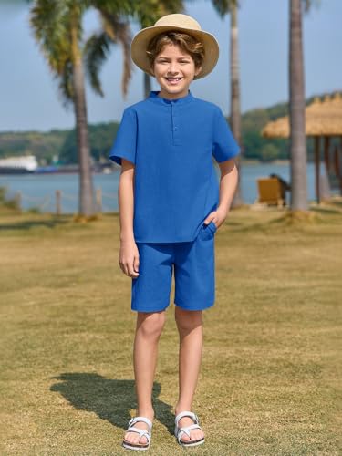 Image of Haloumoning Boys 2 Piece Cotton Set Kids Casual Henley Shirts Short Sleeve Beach Shorts Summer Outfits 5-14 Years